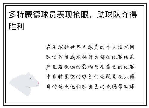 多特蒙德球员表现抢眼，助球队夺得胜利