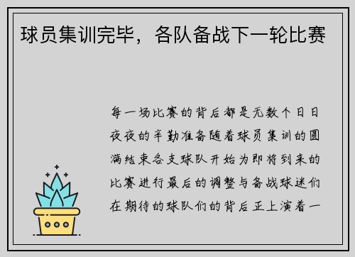 球员集训完毕，各队备战下一轮比赛