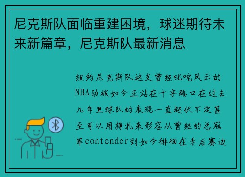 尼克斯队面临重建困境，球迷期待未来新篇章，尼克斯队最新消息